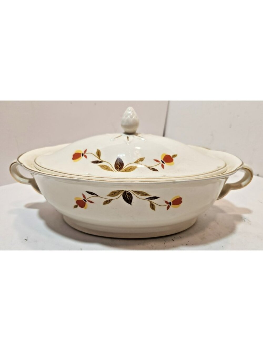 Vintage Hall Autumn Leaf Oval Ruffled D Vegetable Dish w/Lid MCM Mary Dunbar